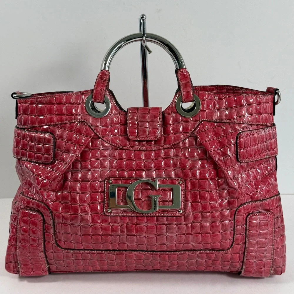 Vintage Y2K Guess Satchel Tote Pink Croc Embossed Patent Bag Large Purse